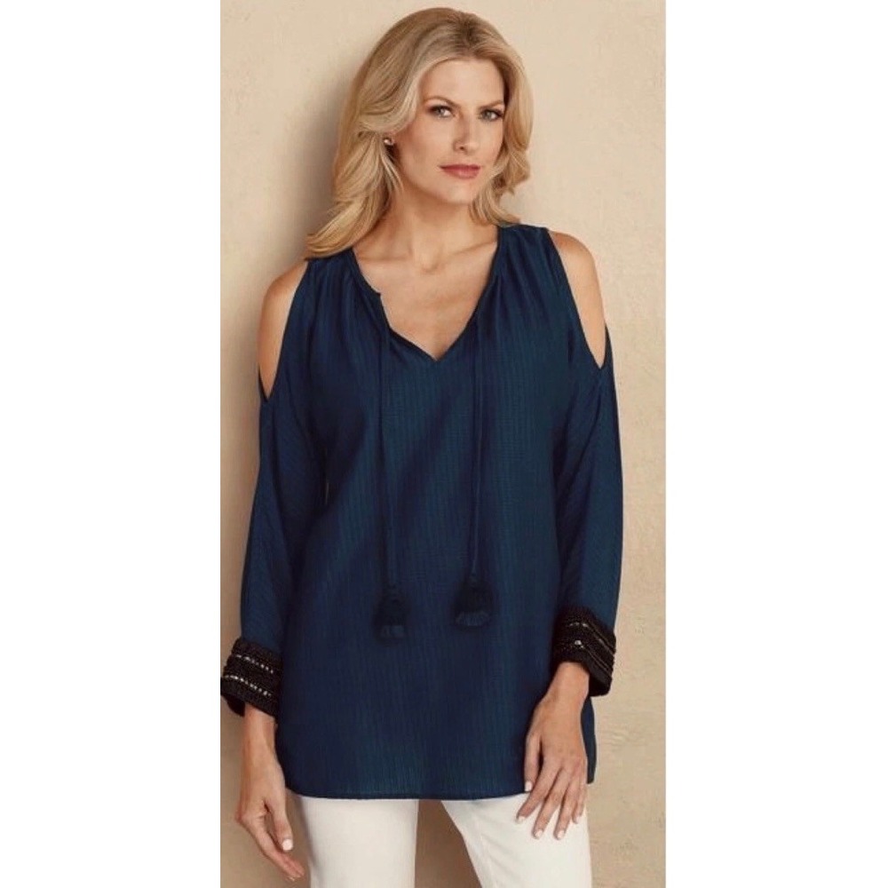 Soft Surroundings Navy Blue Cold Shoulder Beaded Cuff Tassel Blouse 3X NEW